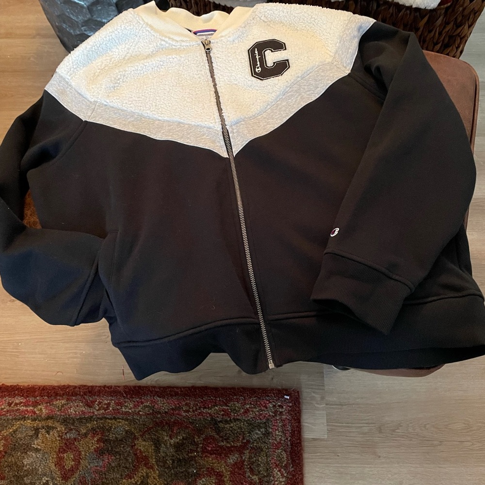 Champion Black and Cream Fleece-athletic wear jacket